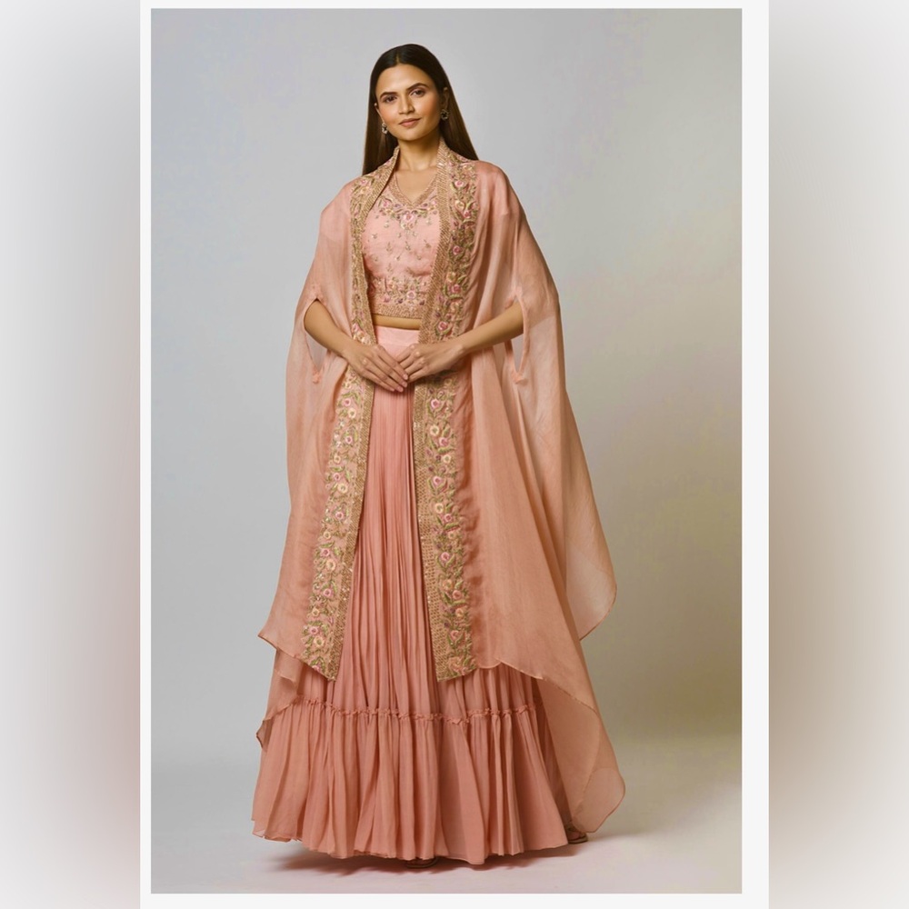 Embroidered Designer Lehenga Set With Organza Cape By Vara By Vibha N Priti